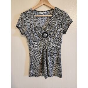 CLAUDIA RICHARD Black and White Print Stretch V-neck Short Sleeve 90s Top Size S